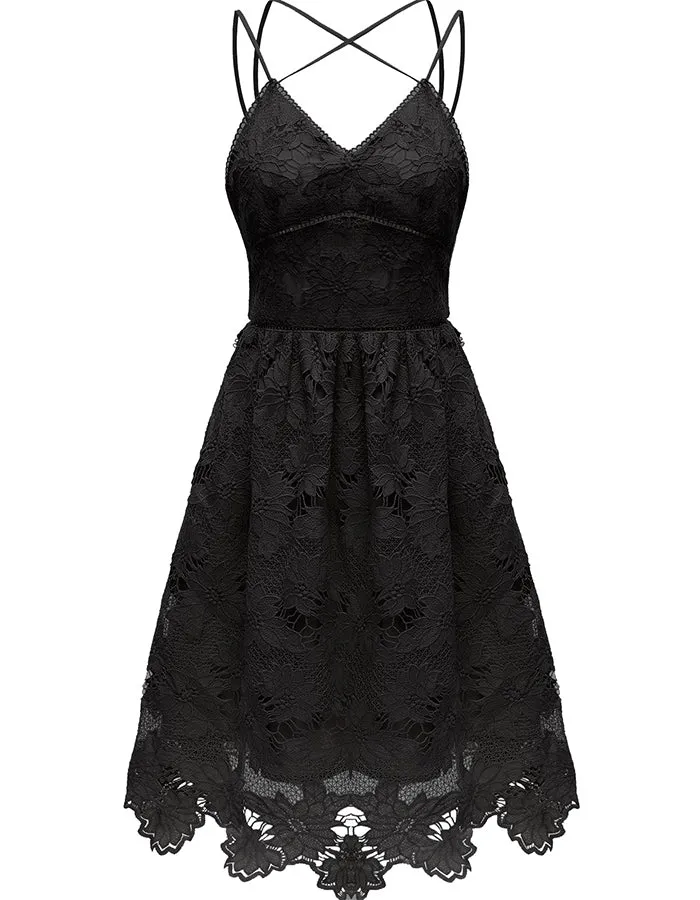 ALLOVIN Women's V Neck Spaghetti Strap Floral Lace Cocktail Dress Sexy Backless Sleeveless A Line Party Dress Black