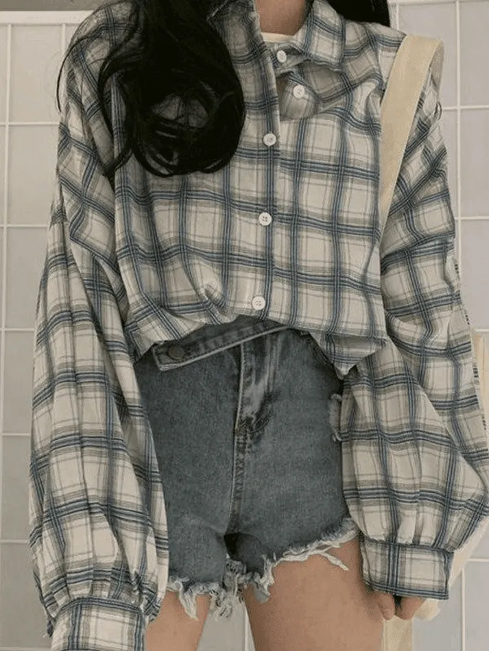 Joskaa Checkered Puff Sleeve Button Blouse